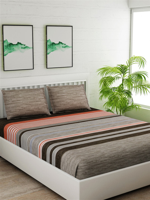 

Salona Bichona Brown & Orange Striped 180 TC Cotton 1 Queen Bedsheet with 2 Pillow Covers