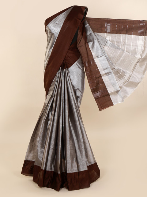

Pothys Brown & Silver-Toned Tissue Solid Saree