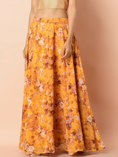 

INDYA Women Mustard Yellow & Beige Floral Printed Maxi-Length Flared Skirt