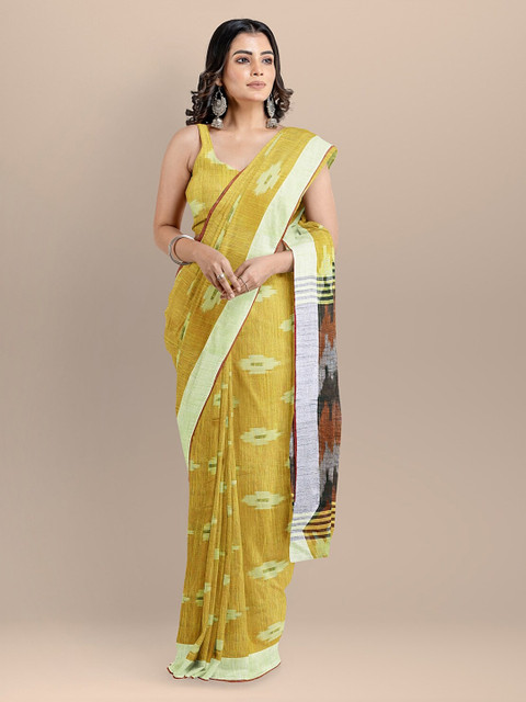 

BharatSthali Orange & Green Pure Cotton Woven Design Ikat Handloom Saree