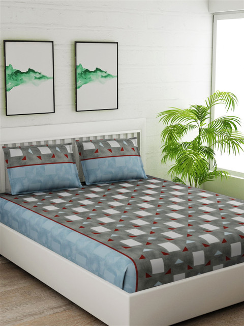 

Salona Bichona Grey & White Geometric 180 TC Cotton 1 Queen Bedsheet with 2 Pillow Covers