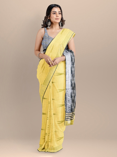 

BharatSthali Yellow Pure Cotton Woven Design Ikat Saree