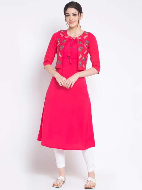 

ALC Creations Women Fuchsia Pink Embroidered A-Line Layered Kurta