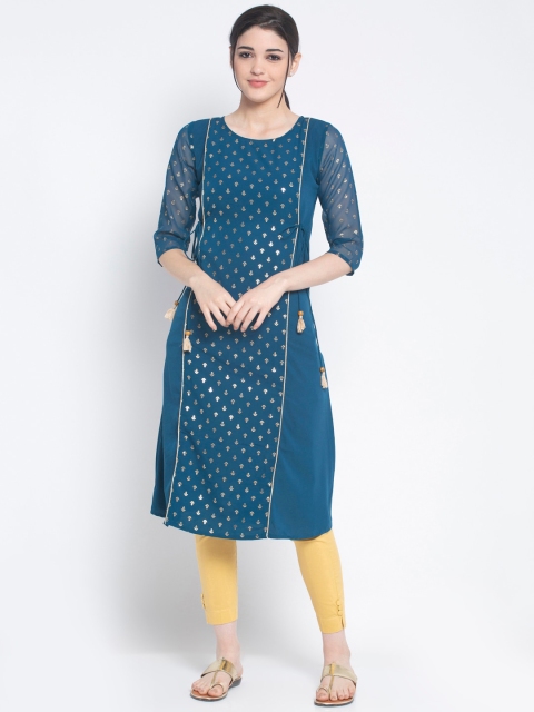 

ALC Creations Turquoise Blue & Gold Ethnic Motifs Printed Crepe Kurta