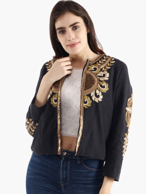

Diwaah Women Black & Brown Floral Embellished Cotton Tailored Jacket
