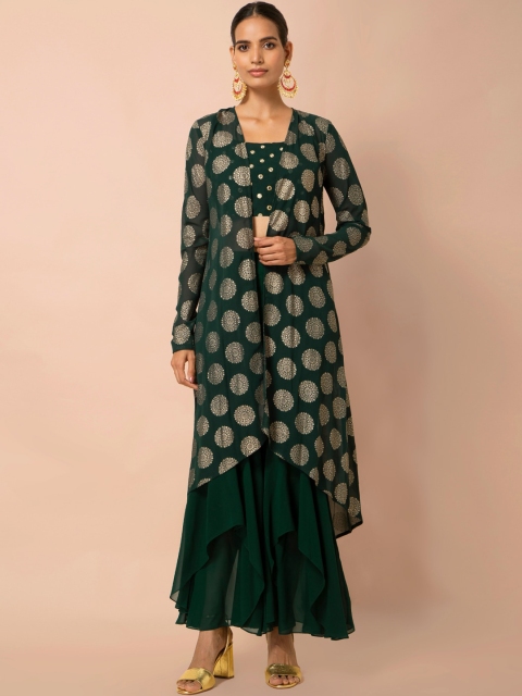 

INDYA Women Green & Gold-Toned Printed Open Front Shrug