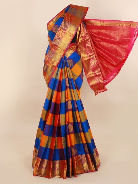 Pothys Multicoloured Pure Silk Checked Kanjeevaram Saree, Multi