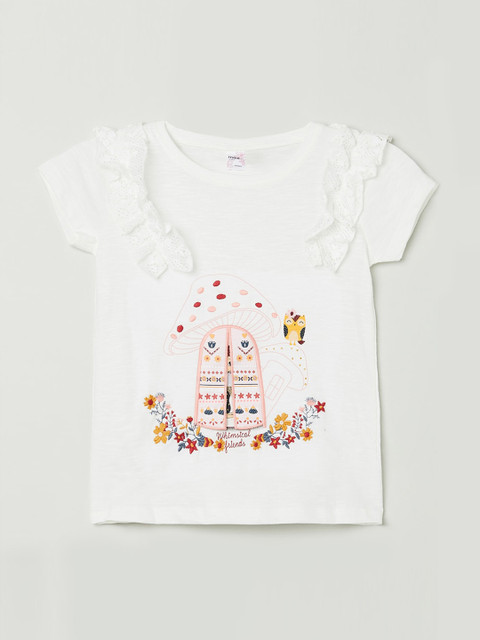 

max Girls White Printed Round Neck T-shirt