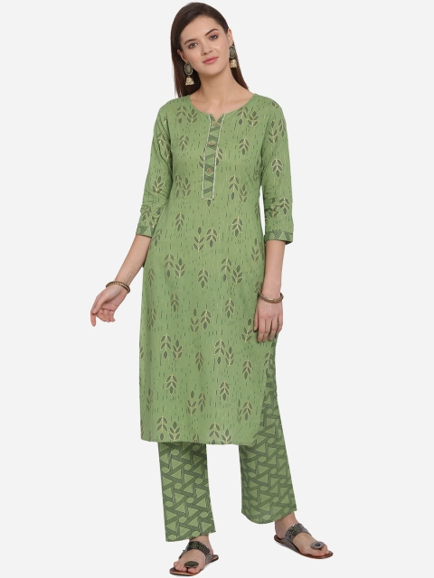 

Mirchi Fashion Women Green Foil Printed Kurta with Trousers