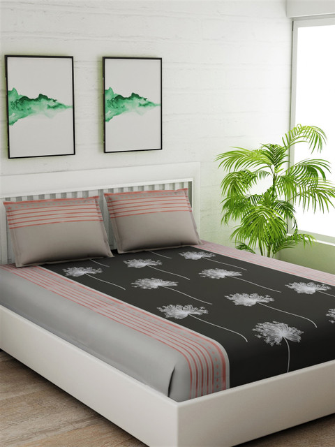 

Salona Bichona Grey & Black Floral 180 TC Cotton 1 King Bedsheet with 2 Pillow Covers