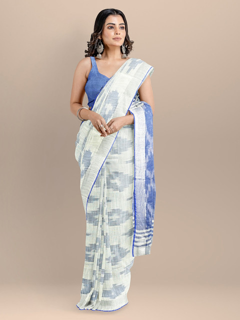 

BharatSthali White Pure Cotton Woven Design Ikat Handloom Saree