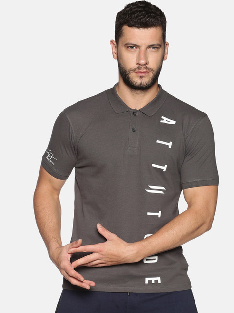 

ATTIITUDE Men Grey Printed Cotton Polo Collar T-shirt