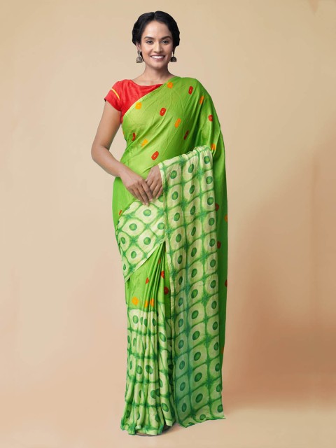 

Unnati Silks Green Silk Blend Printed Bandhani Saree