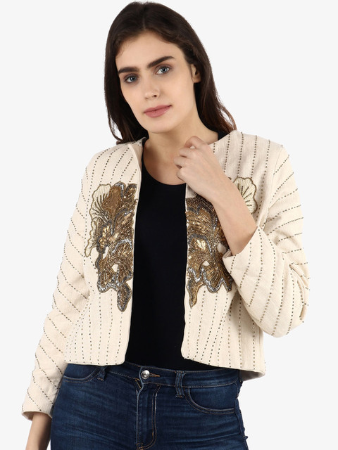 

Diwaah Women Cream-Coloured & Golden Embellsihed Open Front Jacket