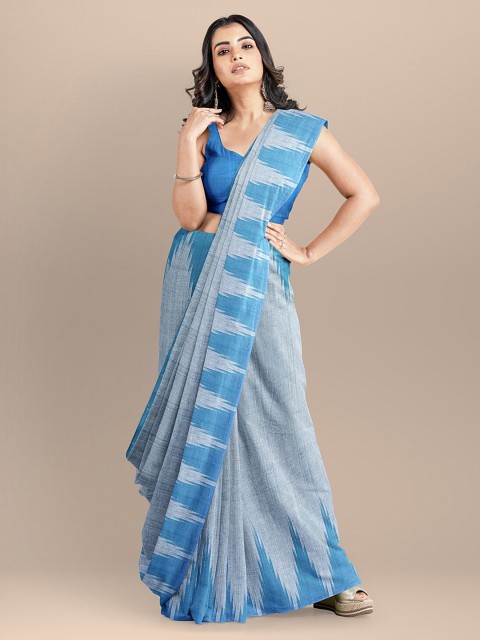 

BharatSthali Blue Pure Cotton Solid Sambalpuri Saree