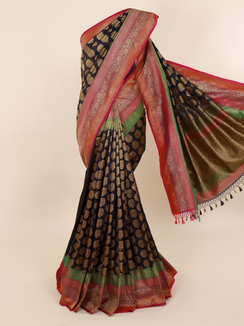 

Pothys Navy Blue & Gold-Toned Pure Silk Printed Banarasi Saree