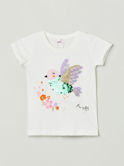 

max Girls Cream-Coloured Printed Round Neck T-shirt