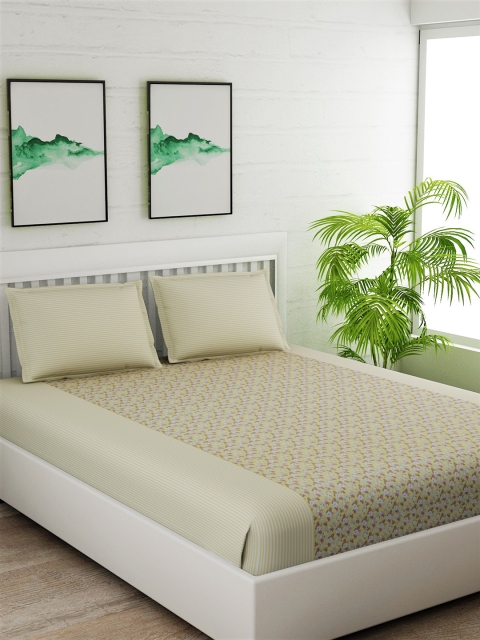 

Salona Bichona Yellow & Beige Floral 180 TC Cotton 1 King Bedsheet with 2 Pillow Covers