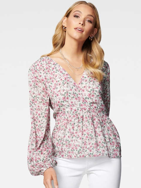 

Forever New Pink Floral Printed Bishop Sleeves Cinched Waist Top