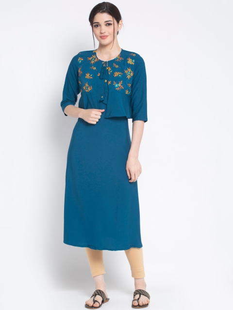

ALC Creations Women Turquoise Blue Embroidered Straight Kurta
