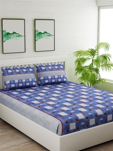 

Salona Bichona Blue & White Geometric 180 TC Cotton 1 Queen Bedsheet with 2 Pillow Covers
