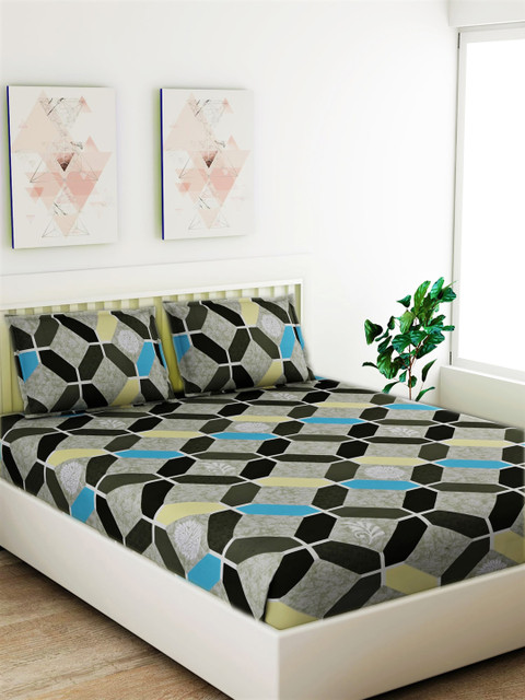 

Salona Bichona Green & Blue Ethnic Motifs 180 TC Cotton 1 Queen Bedsheet with 2 Pillow Covers