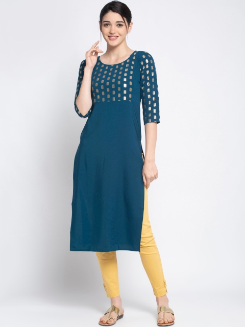 

ALC Creations Turquoise Blue Ethnic Motifs Yoke Design Crepe Kurta