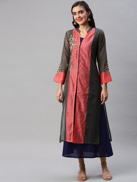 

Soch Women Coral & Olive Green Colourblocked A-Line Kurta