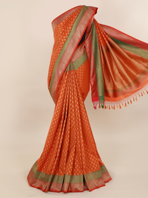 

Pothys Orange & Gold-Toned Pure Silk Woven Design Banarasi Saree