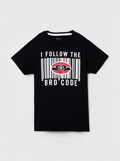 

max Boys Black Printed Round Neck T-shirt