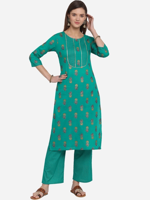 

Mirchi Fashion Women Teal Green Foil Printed Kurta with Trousers