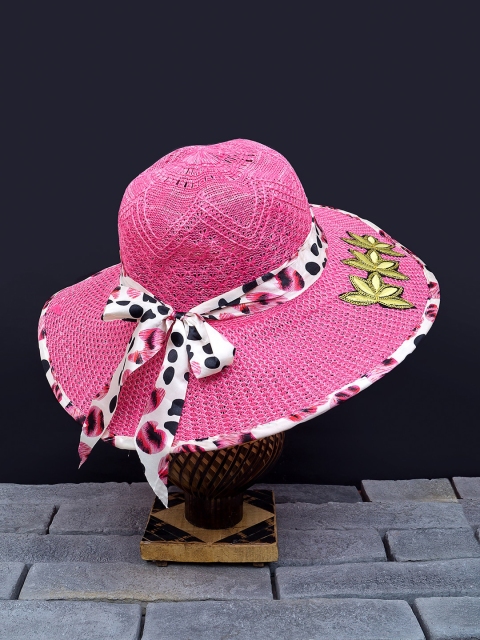 

Golden Peacock Women Pink & White Woven Design Straw Sun Hat