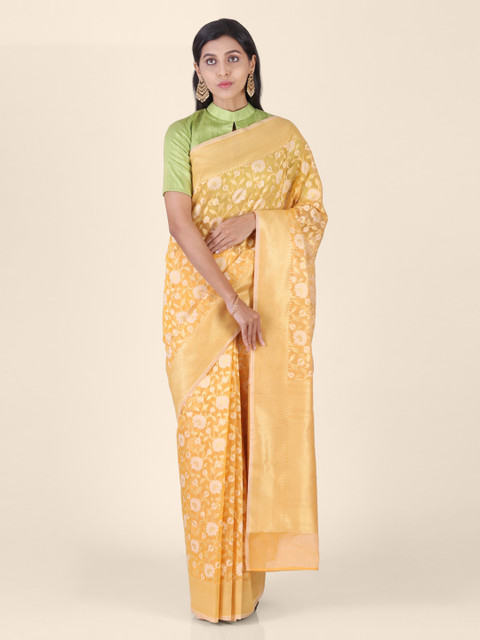 

Shruti and Mangaaysh Yellow & White Silk Blend Woven Design Banarasi Handloom Saree
