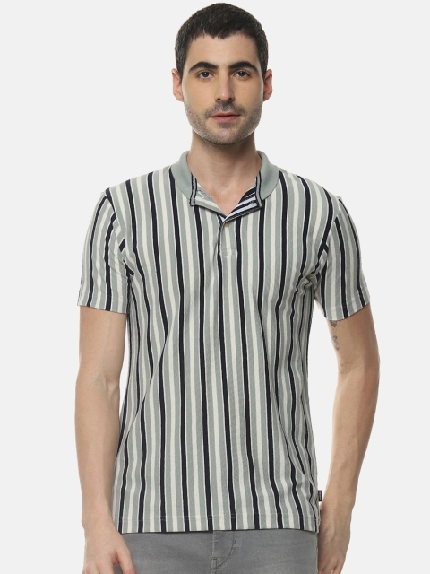 

Campus Sutra Men Grey Striped Polo Collar T-shirt