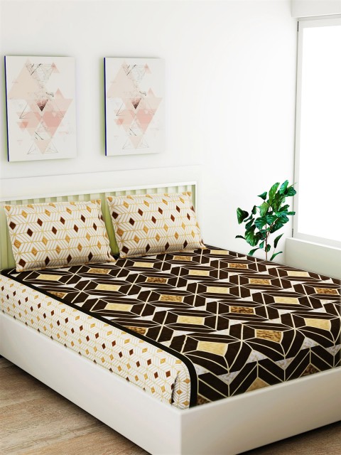

Salona Bichona Brown & Off-White Geometric 180 TC Cotton 1 King Bedsheet with 2 Pillow Covers