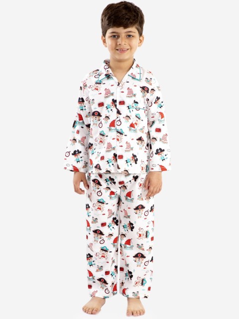 

KID1 Boys White & Blue Printed Night suit