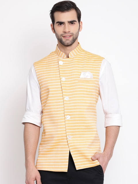 

VASTRAMAY Men Orange & White Striped Woven Slim-Fit Nehru Jacket
