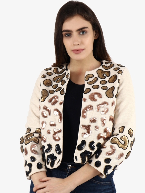 

Diwaah Women Cream-Coloured & Golden Sequin Embellished Open Front Jacket