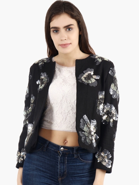 

Diwaah Women Black Embellished Open Front Jacket