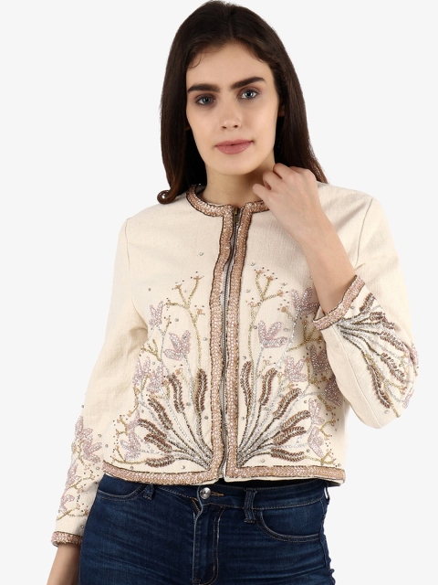 

Diwaah Women Cream-Coloured & Brown Floral Embellished Cotton Tailored Jacket