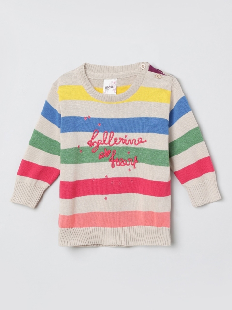 

max Girls Grey & Pink Striped Round Neck Cotton T-shirt