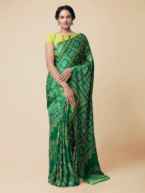 

Unnati Silks Green Silk Blend Printed Bandhani Saree