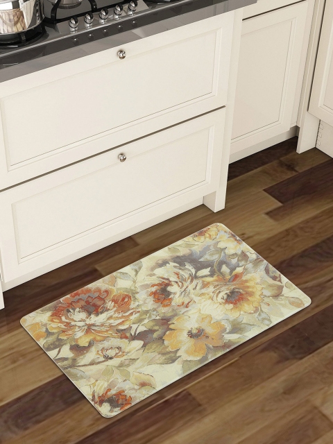 

OBSESSIONS Grey & Yellow Floral Printed Anti-Skid Kitchen Floor Mat