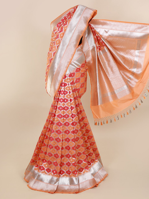 

Pothys Peach-Coloured & Silver-Toned Pure Silk Woven Design Banarasi Saree