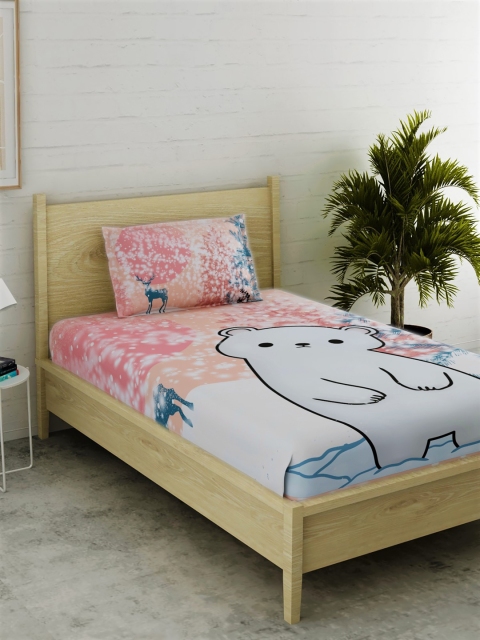 

EverHOME White & Pink Conversational 152 TC Cotton 1 Single Bedsheet with 1 Pillow Covers