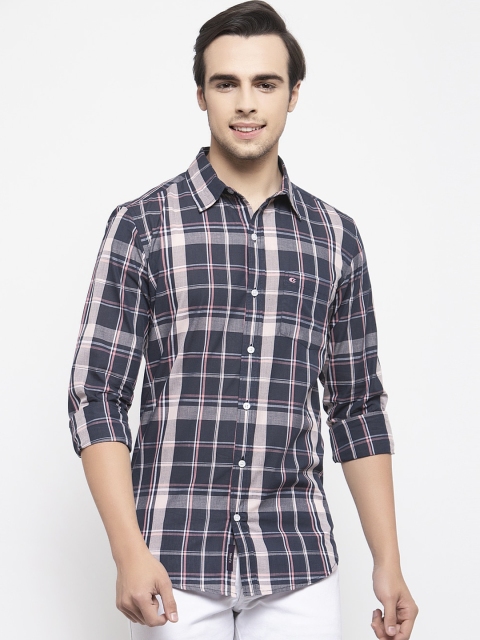 

Allen Cooper Men Navy Blue & Pink Slim Fit Checked Casual Shirt