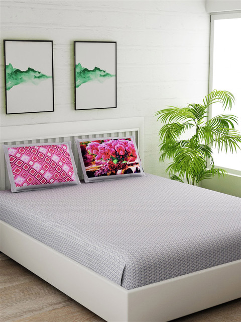 

Salona Bichona Grey & Pink Geometric 180 TC Cotton 1 King Bedsheet with 2 Pillow Covers