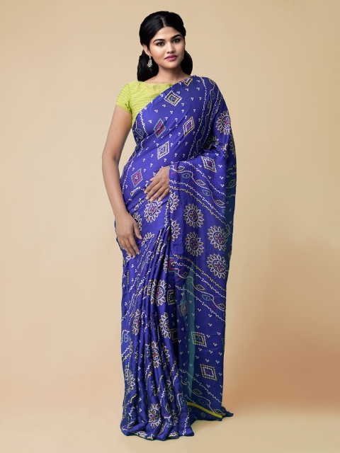 

Unnati Silks Blue & White Silk Blend Dyed Bandhani Saree
