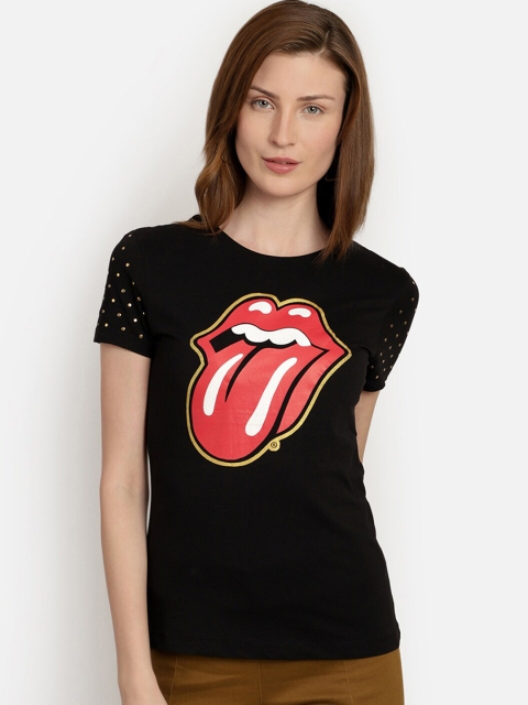 Free Authority Women Black The Rolling Stone Print Round Neck T-shirt