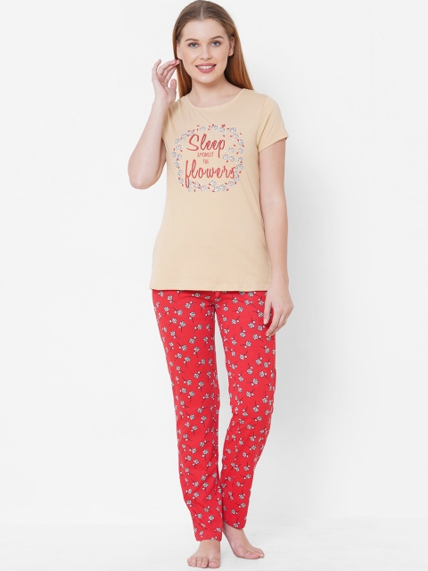 

Sweet Dreams Women Beige & Red Printed Night Suit